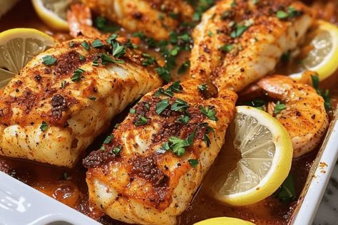 Try this spicy baked Cajun catfish and shrimp with zesty lemon butter recipe! Bold flavors, quick prep, and perfect for a delicious seafood dinner. Catfish And Shrimp Recipes, Catfish Recipes Baked, Baked Cajun Catfish, Baked Catfish Recipes, Cajun Catfish, Baked Catfish, Catfish Recipes, Cajun Shrimp, Lemon Butter