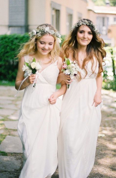 Junior Bridesmaid Hair, Popular Bridesmaid Dresses, Flower Crown Bridesmaid, White Bridesmaid, Bridesmaid Inspiration, Poppy Delevingne, Beautiful Bridesmaid Dresses, All White Wedding, White Bridesmaid Dresses