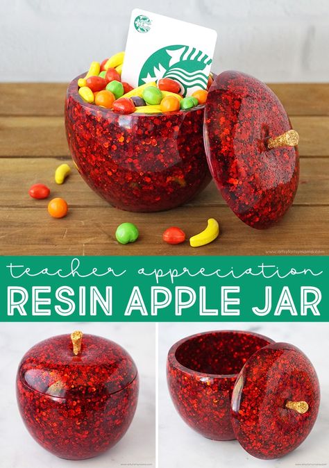 Teacher Appreciation Resin Apple Jar #resincrafts #resintutorial #resinjar #teacherappreciation #teachergifts #teachergiftidea #teacherappreciationweek #teachers #resinapple #diyresin #resincraft #giftidea #candyjar #diycandyjar Resin Jars Diy, Creative Diy Gifts, Resin Ideas, Jar Diy, Favorite Teacher, Stir Sticks, Resin Tutorial, Diy Candy, Teacher Appreciation Week