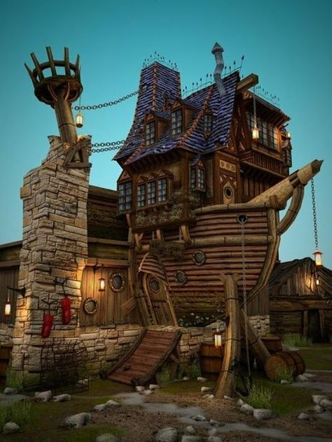 Pirate Ship house - we are building a faerie village called "the faeries at pirate cove". This will be a perfect faerie house in miniature Crazy Houses, Unusual Buildings, Unusual Homes, Tree Houses, Unique Houses, Unique Architecture, Pirate Ship, Play Houses, House Boat