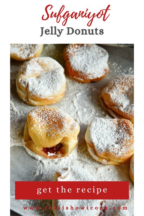 Sufganiyot Recipe Easy, Hanukkah Treats, Jelly Donuts Recipe, Jewish Desserts, Hannukah Recipes, Jelly Donuts, Donuts Recipe, Filled Donuts, Jewish Recipes