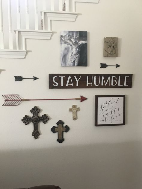 Cross gallery wall for under the stairs. Cross Wall Collage, Decorate A Hallway, How To Decorate A Hallway, Decorate Wall, Rustic Cross, Under The Stairs, Cross Wall, Crosses Decor, Stay Humble