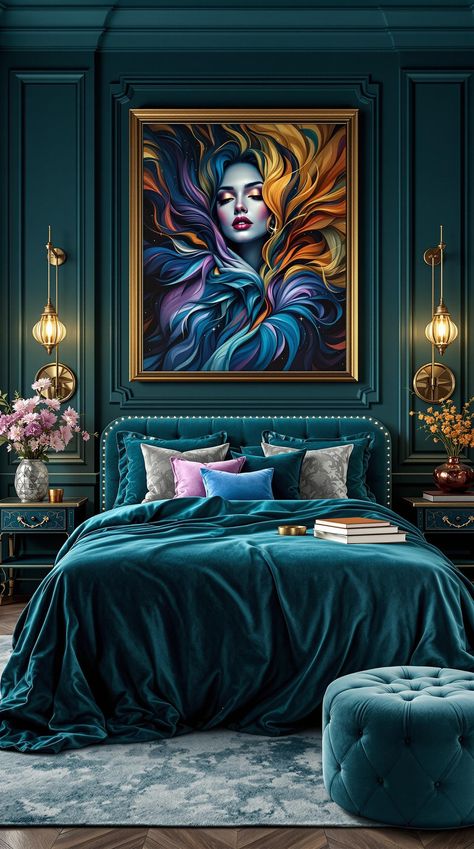 Dark Teal Bedroom Teal And Green Bedroom, Dark Teal Bedroom Colour Schemes, Dark Teal Bedding, Dark Turquoise Bedroom, Deep Teal Bedroom, Teal Color Palette Bedroom, Teal Accent Wall Bedroom, Dark Teal Walls, Dark Teal Bedroom Ideas