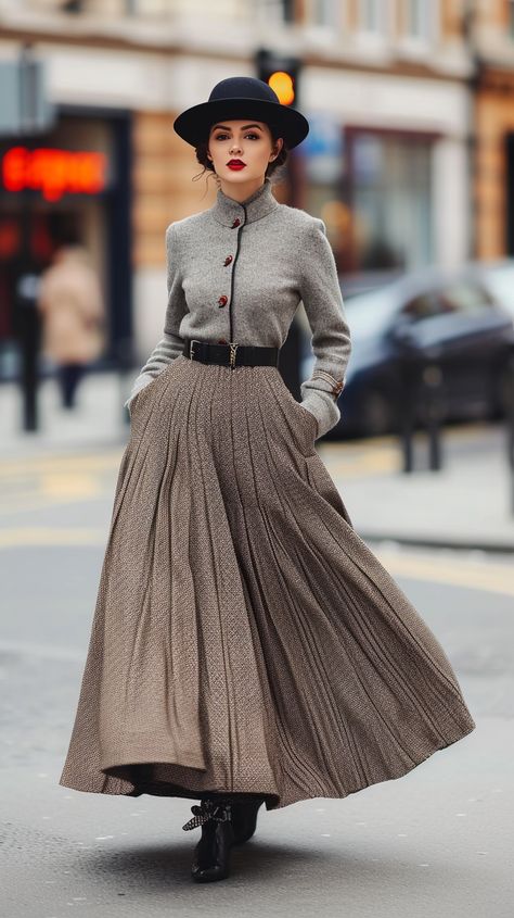 vintage inspired maxi skirt Vintage Maxi Skirt Outfits, Winter Outfits Maxi Skirt, Vintage Lined Maxi Skirt For Fall, Elegant Winter Lined Maxi Skirt, Fitted Vintage Full Maxi Skirt, Luxury Vintage Long Skirt, Winter Vintage Full Skirt, Maxi Skirt Outfit Winter, Prom Dress Vintage