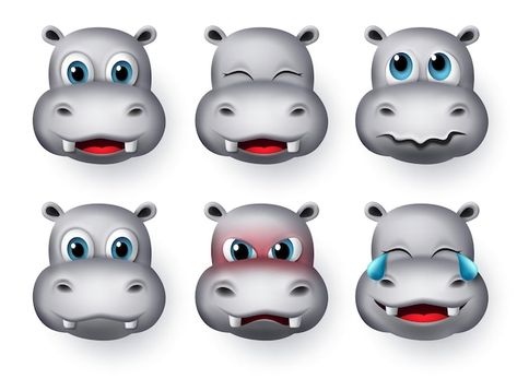 Blushing Character, Hippo Face, Angry Expression, Emoji Set, Animal Character, Graphics Illustration, Hippopotamus, Illustration Drawing, Infographic Design