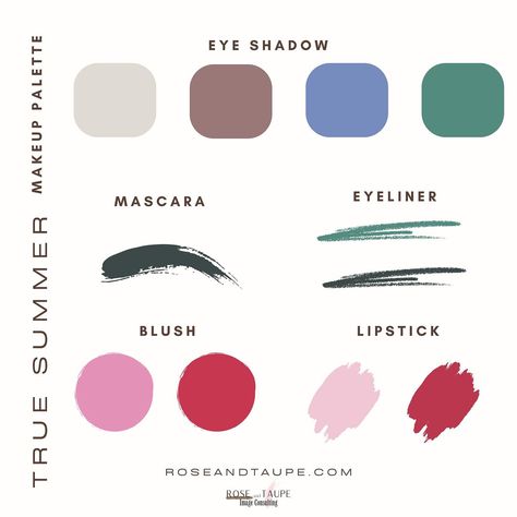 True/Cool Summer Makeup Color Palette. #coloranalysis #colorconsultation #seasonalcolor #coloranalyst #seasonalcoloranalysis #colorconsultant #softsummer #coolsummer #truesummer #truewinter #coolwinter #lightsummer #brightwinter #deepwinter #deepautumn #trueautumn #warmautumn #softautumn#truespring #warmspring #brightspring #lightspring #beauty #summermakeup #coolsummermakeup #makeup #makeuppalette True Cool Summer, Cool Summer Makeup, True Summer Makeup, Makeup Color Palette, Digital Makeup, Seasonal Makeup, True Summer, Colour Consultant, True Winter