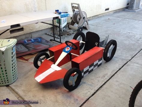 Jennifer: This year for Halloween, My friends and I decided to be Mario and Luigi. I was Mario and she was Luigi. With my Mario costume, I built my own cart... Mario Kart Diy, Mario Kart Halloween Costume, Mario Kart Halloween, Mario Bros Halloween, Mario Kart Costumes, Mario Costume, Video Game Costumes, Homemade Costume, Go Cart