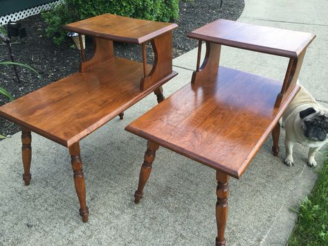 Pair 1960's Rock Maple Two Tier End Tables 2 Tier End Table, Two Tier End Table, Tiered End Table, Vintage End Table, Mid Century Modern Side Table Two Tier, Vintage Mid Century End Tables, Vintage Two Tiered Side Table, Shelves Ideas, Apartment Vibes