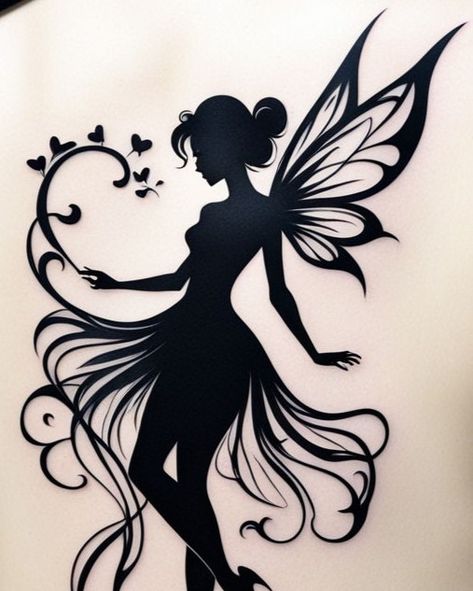 "Sleek Fairy Silhouette" Simple, flowing black ink fairy with butterfly and stars, perfect for minimalist design. #SleekFairy #MinimalistTattoo #BlackInkArt #TattooInspiration Fairy Silhouette Simple, Butterfly And Stars, Black Ink Art, Fairy Silhouette, Fairy Tattoo Designs, Butterfly Tattoos For Women, Fairy Drawings, Black Fairy, Fairy Pictures