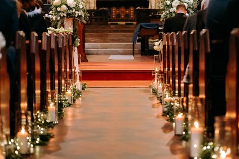 Winter wedding church flowers Winter Wedding Ceremony Arch, Winter Wedding Aisle Decor, Winter Wedding Church Decorations, Wedding Isles Decoration Church Pews, Christmas Wedding Aisle, Church Aisle Decorations Wedding, Christmas Church Wedding, Wedding Church Flowers, Winter Church Wedding