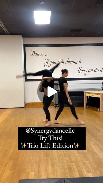 Synergy Dance LLC on Instagram: "Introducing Synergy’s ‘Try This’ Series: Trio Lift Edition 💃💃💃 Featuring @seminoledanceforce Give this lift a try and be sure to tag us! Follow along for more lift tutorials and choreography content! 🫶🏻#synergydancellc #dancelift #danceteamlifts #triolift #triodancelift #jazzlift #contemporarylifts #dancelifts #choreography #liftchoreo" Trio Stunts, Cool Dance Lifts, 4 Person Dance Lifts, 3 Person Stunts Easy, 3 Person Lifts Dance, Dance Lifts, Trio Dance Poses, Partner Lifts, Trio Dance Lifts