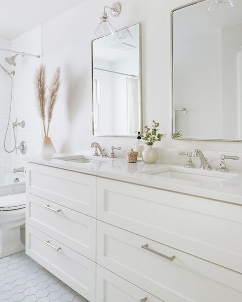 Kids bath dreams ✨ obsessed with this powder blue @fireclaytile hex tile! . Instantly makes a classic white bathroom feel fresh! 📷 @caskro Double Mirror, Primary Bath, Vanity Drawers, Bathroom Renos, Bathroom Remodel Master, Bathroom Style, Guest Bathroom, White Bathroom, Bathroom Makeover