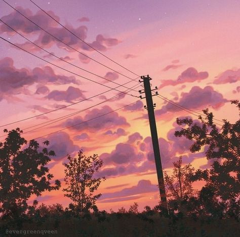 Arte 8 Bits, Power Lines, Gouache Art, Cloudy Sky, Sunset Art, Cloud Painting, Pretty Sky, Sunset Painting, Art Painting Acrylic