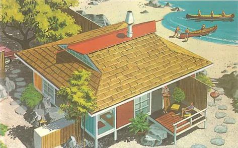 midcentury-modern-japanese-tea-house Mid Century Modern House Plans, Japanese Tea House, Mid Century Illustration, Vintage House Plans, Retro Renovation, Sims Building, Vintage Illustrations, Norman Rockwell, Sims House