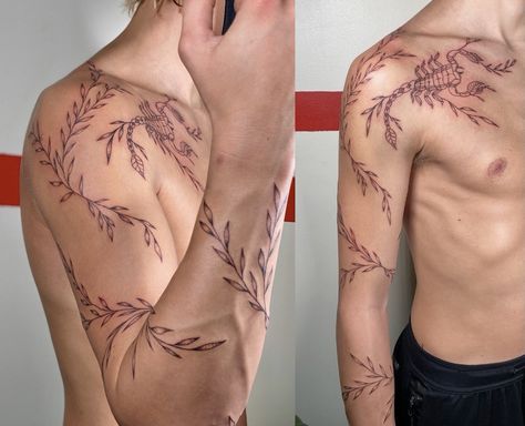 Tattoo Ideas For Men Spine, Vine Tattoo Men Chest, Fine Line Neck Tattoo Men, Leaves Around Neck Tattoo, Male Plant Tattoo, Vine Shoulder Tattoo Men, Floral Men’s Sleeve Tattoo, Ivy Tattoo Men, Thorn Tattoo Sleeve