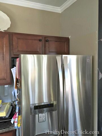 Over Refrigerator Ideas, Top Of Refrigerator Storage, Stock Cabinets Look Custom, Top Of Fridge Organization, Top Of Fridge Storage, Side Of Refrigerator Ideas, Above Refrigerator Storage, Cabinets Above Refrigerator, Over Fridge Storage