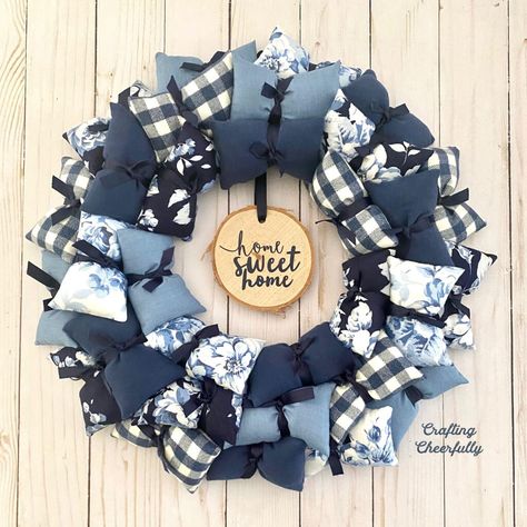 Pillow Wreath, Denim Wreaths, First Sewing Projects, Fall Pillow, Door Wreaths Diy, Fabric Wreath, Cozy Pillow, Holiday Fabric, Fabric Flowers Diy