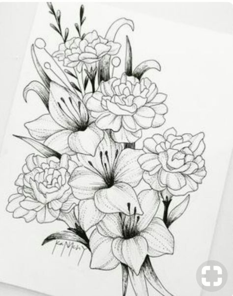 Цветы Marigold And Lily Tattoo, Carnation And Lily Tattoo, Marigold Tattoo, Carnation Tattoo, Lily Flower Tattoos, Watercolor Tattoo Flower, Flower Line Drawings, Flower Tattoo Shoulder, Tattoos Skull