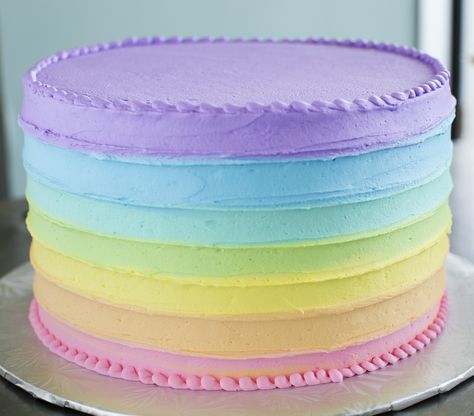 Pastel rainbow striped cake. Cake #201. Cake With Rainbow Decoration, Simple Pastel Rainbow Cake, Colorful 1st Birthday Cake, Pastel Rainbow Sheet Cake, Rainbow Frosted Cake, Rainbow Shape Cake, Pastel Colored Cake, Birthday Cake Pastel Color, Pastel 1st Birthday Cake