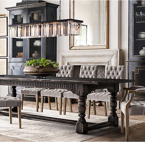 vignette design: Shopping For Dining Room Tables Restoration Hardware Dining Room, Restauration Hardware, Restoration Hardware Dining, Glass Prism, Community Table, Rectangular Chandelier, Kitchen Chandelier, Elegant Chandeliers, Luxury Dining Room