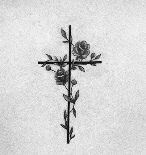 Cross With Flowers Tattoo Behind Ear, Cross With Rose Thorns Tattoo, Small Houston Tattoos, Cross Couple Tattoos, Cross Ideas Tattoos, Cross With Thorns Tattoos For Women, Jesus Back Tattoos For Women, Tattoo Ideas Cross Flowers, Neck Cross Tattoos Women