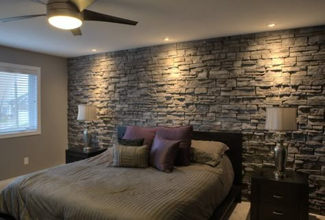 Do it Yourself - Stone Accent Wall Brick Veneer Bedroom Wall, Stone Feature Wall Bedroom, Bedroom Ideas With Stone Wall, Bedroom Stone Accent Wall, Stone Accent Wall Bedroom, Stone Bedroom Wall, Stone Wall Bedroom, Stone Accent Wall Ideas, Stone Accent Wall