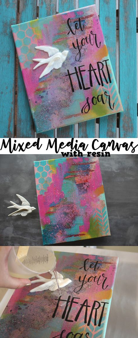 Mixed Media art is so much fun and totally in.  Adding resin to it seals the deal and makes it a work of art.  Mixed Media is just using lots of different types of media--the sky is the limit! via @resincraftsblog Diy Art Projects Canvas, Art Studio Decor, Mixed Media Diy, Kids Canvas Art, Diy Techniques, Kids Canvas, Diy Art Projects, Canvas Ideas, Studio Decor