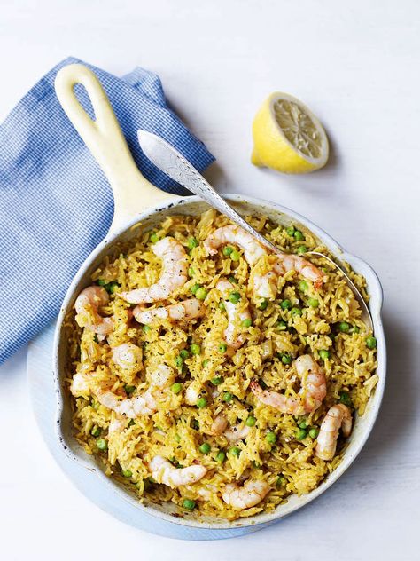 This simple prawn and pea rice dish uses store cupboard staples for a tasty midweek treat. Shrimp With Orzo, Shrimp Orzo, How To Cook Orzo, Shrimp And Rice, Garlic Butter Shrimp, One Dish Dinners, Butter Shrimp, Delicious Magazine, How To Cook Shrimp