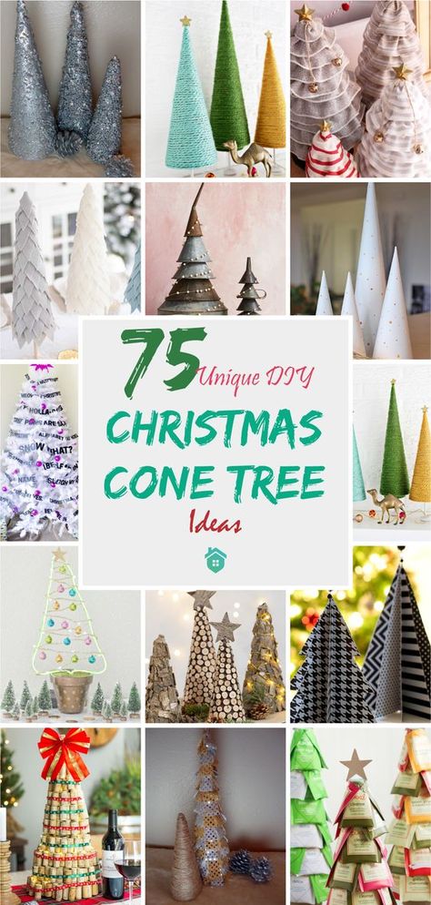 75 Unique DIY Christmas Cone Tree Ideas - Matchness.com Homemade Tabletop Christmas Trees, Mantel Christmas Trees, Yarn Wrapped Christmas Tree, Tie Angels, Christmas Tree Crafts Diy, Christmas Tree Yarn, Paper Mache Christmas, Staff Party, Christmas Cones