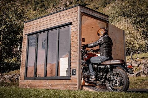 Motorcycle Shed Ideas, Bike Gear Storage, Motorcycle Storage Garage, Motorcycle Shed, Motorbike Garage, Motorbike Shed, Motorbike Storage, Motorcycle Storage Shed, Pool Deck Plans