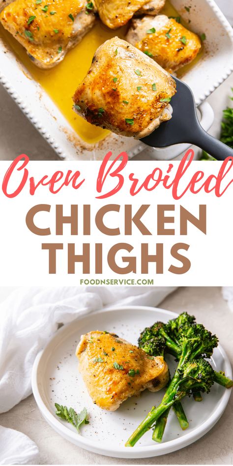 Deliciously juicy oven broiled chicken thighs are ready in less than 25 minutes. With hints of lemon and garlic, this easy, low-carb chicken thigh recipe is great for a weeknight dinner. Oven Baked Chicken Thighs Bone In, Broil Chicken, Meal For The Week, Broiled Chicken Thighs, Chicken Thigh Recipes Keto, Lemon Chicken Thighs, Chicken Thigh Recipe, Oven Baked Chicken Thighs, Oven Chicken Recipes