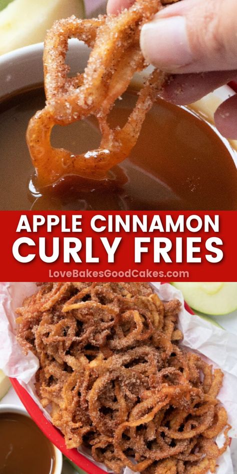 Apple Cinnamon Curly Fries pin collage Delicious Apple Recipes, Curly Fries, Fall Recipe, Apple Pies, Funnel Cake, Apple Cinnamon, Go Crazy, Seasoning Recipes, Best Dessert