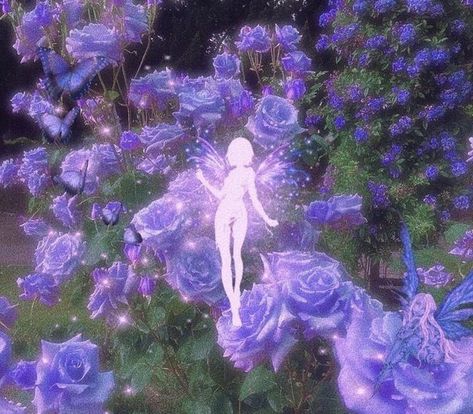 A cartoon background of purple flowers with a glowing white silhouette of a girl floating upwards 동화 삽화, Arte Do Kawaii, Fairy Aesthetic, Purple Themes, Fairytale Art, Aesthetic Aesthetic, Ethereal Art, Fairy Art, Purple Aesthetic