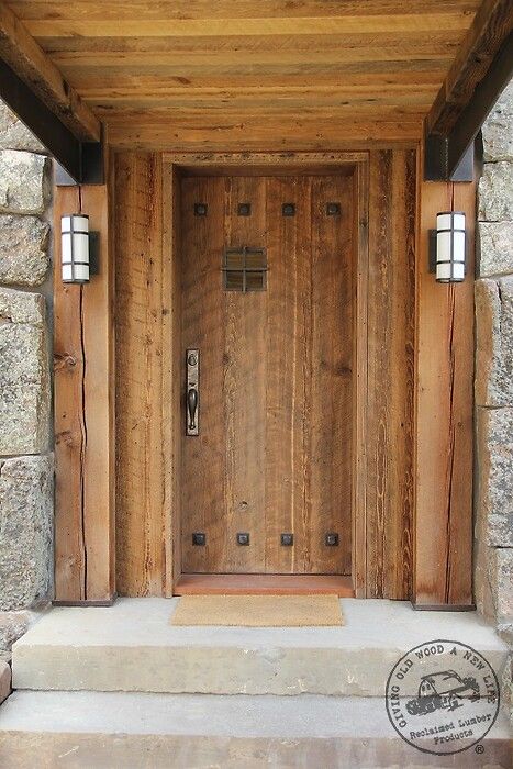 Rustic Entry Doors, Rustic Exterior Doors, Exterior Door Trim, Awning Over Door, Wooden Door Ideas, Wooden Door Entrance, Rustic Wood Doors, Plank Door, Rustic Front Door