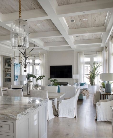 Coffered Ceiling Ideas Living Room, Coffered Ceiling Dining Room, Ceiling Ideas Living Room, Coffered Ceiling Design, Beams Living Room, House Ceiling, White Beams, Beach House Living Room, Ceiling Ideas