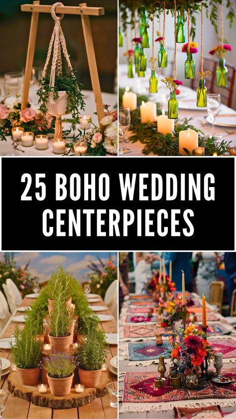 A collage of stunning boho wedding table decorations, including greenery, candles, macrame hangers, and rustic floral centerpieces. Breathtaking Dresses, Boho Wedding Centerpieces, Unique Themes, Rustic Lanterns, Geometric Terrarium, Eucalyptus Garland, Herb Pots, Wildflower Bouquet, Beautiful Centerpieces