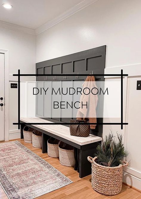 Diy Farmhouse Bench With Storage, Diy Home Decor Entryway, Mud Room Diy Cheap, Mudroom Bench Colors, Entryway Bench And Coat Rack Ideas, Mudroom Built In Plans, Entryway Makeover Entrance, Kitchen Coat Rack, Outside Mudroom Front Porches