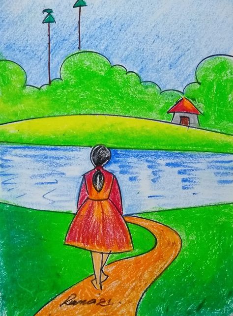 Pretty Woman Aesthetic, Landscape Drawing For Kids, Oil Pastel Scenery, Food Art Ideas, Pastel Scenery, Fig Drawing, Creative Meals, Nursery Drawings