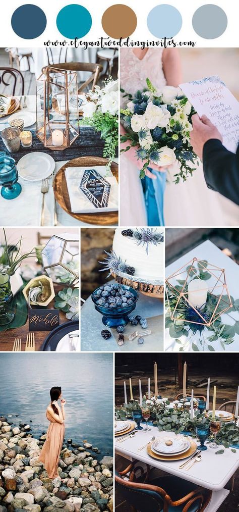 Blue And Copper Wedding, Copper Wedding Colors, Blue Wedding Colors, Indigo Wedding, Beach Wedding Decorations Reception, Romantic Wedding Receptions, Wedding Color Ideas, Wedding Color Combos, Western Wedding Dresses