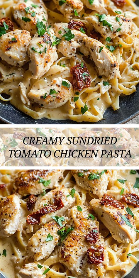 Ingredients:  2 tablespoons olive oil 2 boneless, skinless chicken breasts, sliced Salt and pepper to taste 1 teaspoon garlic powder 1 teaspoon dried basil 1 teaspoon paprika 1 cup sundried tomatoes in oil, drained and chopped 3 cloves garlic, minced 1 cup heavy cream 1 cup chicken broth 1/2 cup grated Parmesan cheese 8 oz pasta (penne or fettuccine recommended) Fresh basil or parsley, for garnish Garlic Sundried Tomato Pasta, Chicken And Sundried Tomato Recipes Penne Pasta, Chicken Pasta Sundried Tomatoes Recipes, Sundried Tomato Pasta Chicken, Creamy Sundried Tomato Chicken Pasta, Chicken Sundried Tomato Pasta, Chicken With Sundried Tomatoes, Sundried Tomato Chicken Pasta, Chicken Sundried Tomatoes