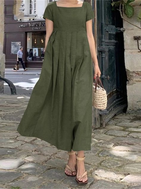 Cotton and Linen Casual Maxi Dress Cotton Dress Summer Casual, Robes Glamour, Commuter Style, Cotton Long Dress, Long Linen Dress, Midi Sundress, Dress Women Elegant, Elegante Casual, Square Neck Dress