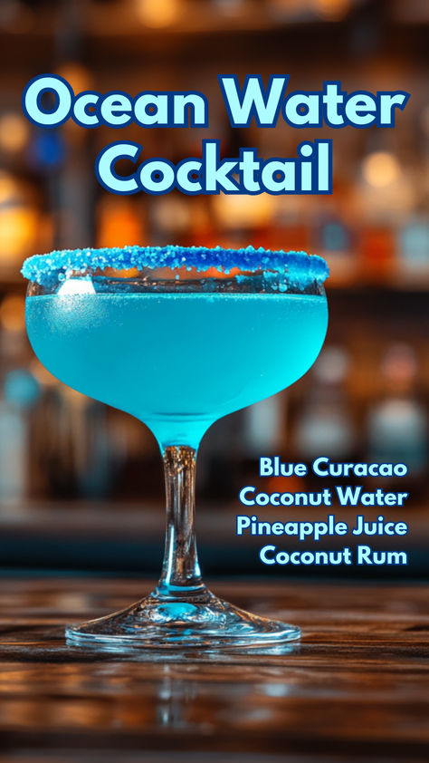 Ocean Water Cocktail Ocean Water Cocktail, Cocktails With Blue Curacao, Coconut Rum Cocktails, Boozy Recipes, Water Cocktails, Cocktail Cards, Bartender Drinks Recipes, Ocean Stuff, Pretty Alcoholic Drinks