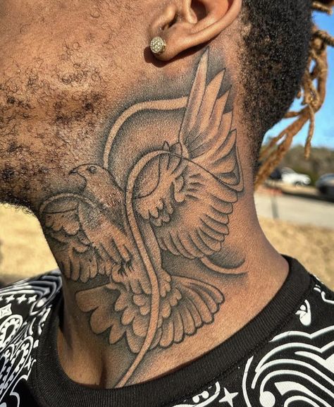 Angel Related Tattoos, Angelic Neck Tattoo, Eagle Neck Tattoo Men, Half Neck Tattoo, Boy Neck Tattoos, Neck Tattoo For Guys Black Men, Men's Side Neck Tattoos, Black Men Neck Tattoos, Side Neck Tattoos For Men