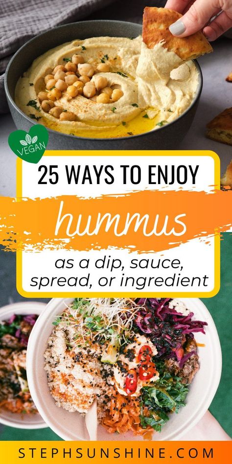 Here are 25 of the best vegan ways to eat hummus, from the classic to the creative. Hummus is great as a dip, but it can also be used as a spread (sandwiches, quesadillas, tacos), a sauce (for pasta or salad dressing), or as an ingredient in another recipe (mashed potatoes, lasagna, or soup). All those ideas and more are right here. Leftover Hummus Ideas, Ways To Eat Hummus, What To Eat With Hummus, Eat With Hummus, Recipe Mashed Potatoes, Pizza Veggie, Hummus Sauce, Meatloaf Sauce, Best Vegan Snacks