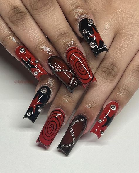 Red Nails 2000s, Cherry Red And Black Nails, Red And Black Goth Nails, Grunge Valentines Nails, Punk Nails Acrylic, Red Grunge Nails, Cna Nails, Y2k Red Nails, Slipknot Nails