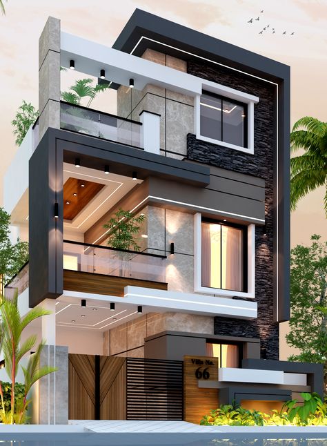 West Facing House Elevation G+1, Roof Railing Design, Bunglow Elevation Modern, 25 Feet Front Elevation Modern, House Exterior Ideas, Indian House Exterior Design, House Structure Design, 3 Storey House Design, House Outer Design