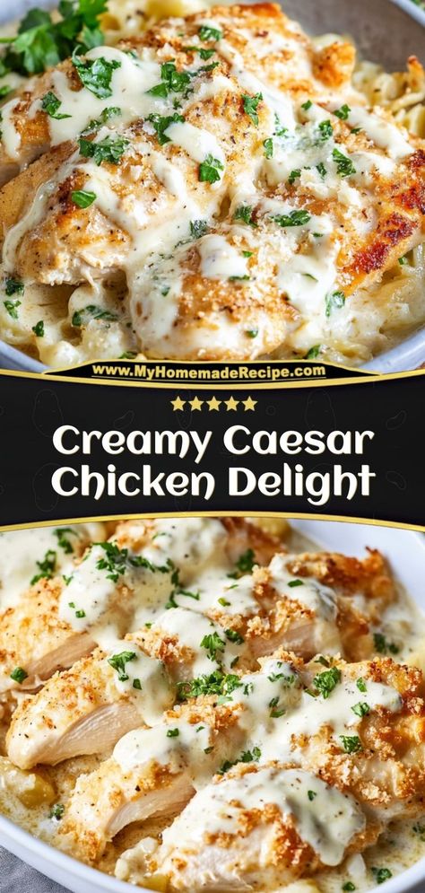 Recipes Using Caesar Dressing, Recipes With Caesar Dressing, Crockpot Caesar Chicken Recipes, Baked Caesar Chicken With Creamy Parmesan Sauce, Caesar Parmesan Chicken, Caesar Chicken Bake, Creamy Caesar Chicken And Mushroom Bake, Melt In Your Mouth Chicken Ceasar, Baked Caesar Chicken With Parmesan Sauce