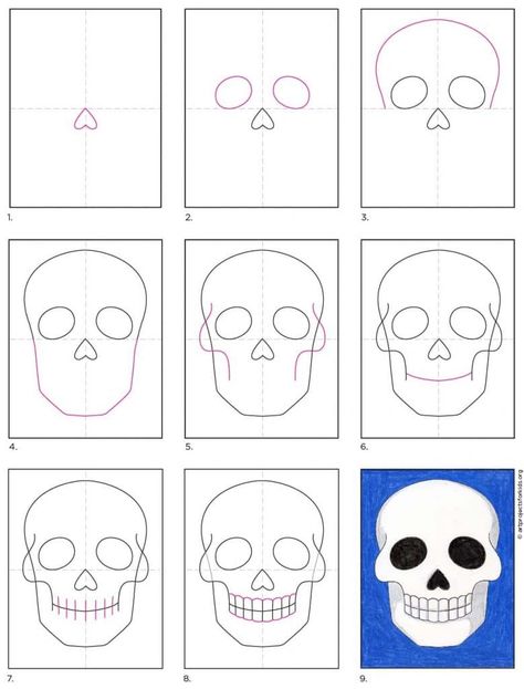 How to Draw a Skull · Art Projects for Kids Skeleton Art Drawing Easy Step By Step, How To Draw A Skeleton Step By Step, Easy Halloween Drawings Step By Step, How To Draw Halloween, Halloween Drawings Step By Step, How To Draw A Skull, Skull Tutorial, Draw A Skull, Easy Skull Drawings