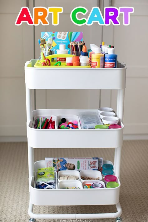 Kids Craft Storage Ideas - how to make your own Kids Art Cart and all of the best kids craft supplies. Kids Craft Storage Ideas, Kids Art Cart, Kids Craft Storage, Craft Storage Ideas, Rangement Art, Diy Paper Art, Kids Craft Supplies, Art Cart, Kids Art Supplies