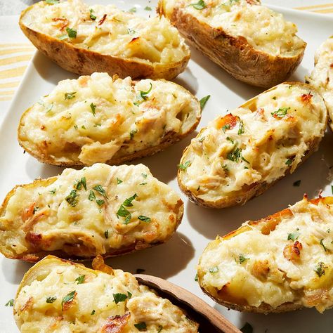 Stuffed Potato Recipes, Chicken Alfredo Chicken, Stuffed Baked Potato, Dish To Pass, Alfredo Chicken, Chicken Salad Sandwich Recipe, Twice Baked Potato, Stuffed Potato, Chicken Curry Salad